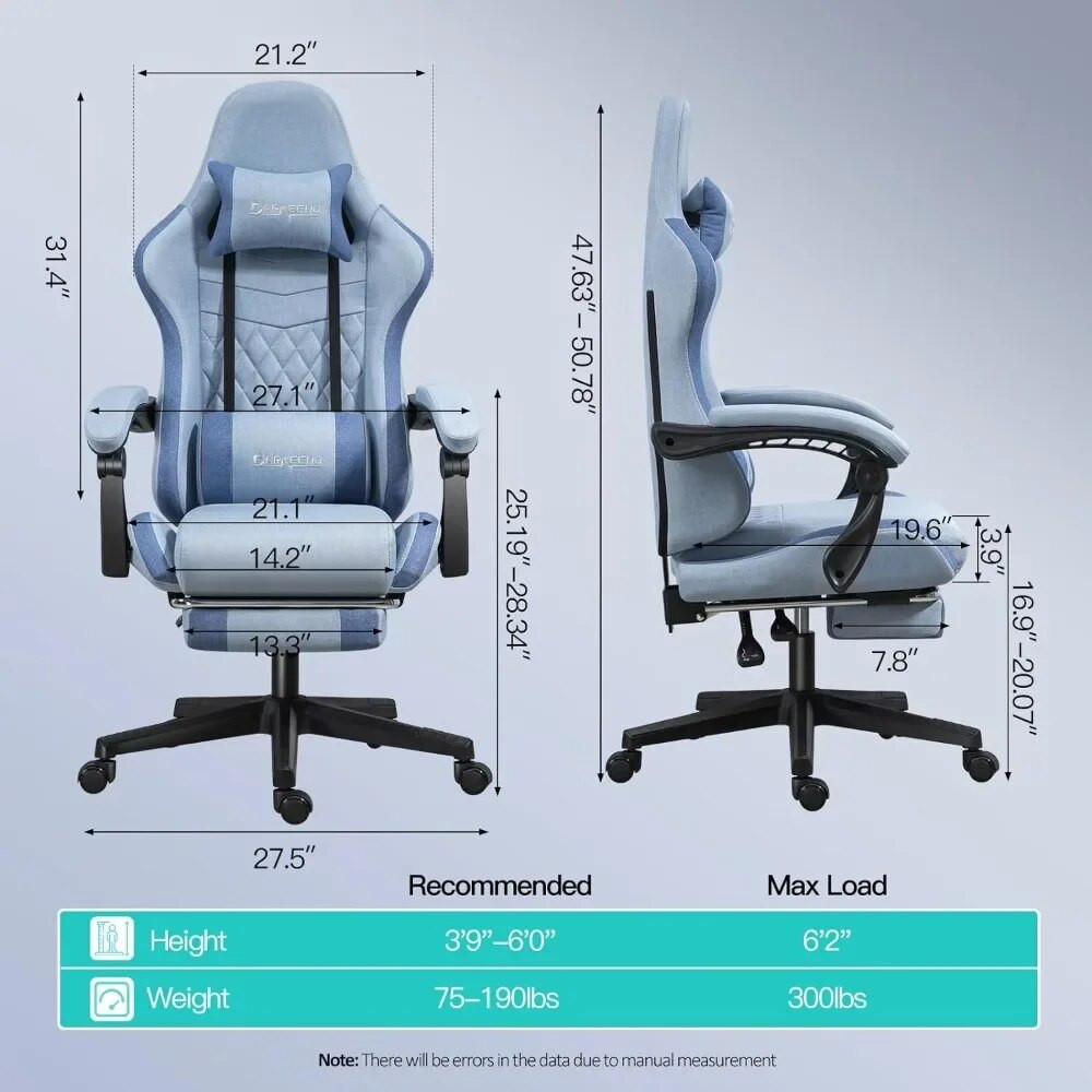 Technical dimensions outline of gaming chair with measurements